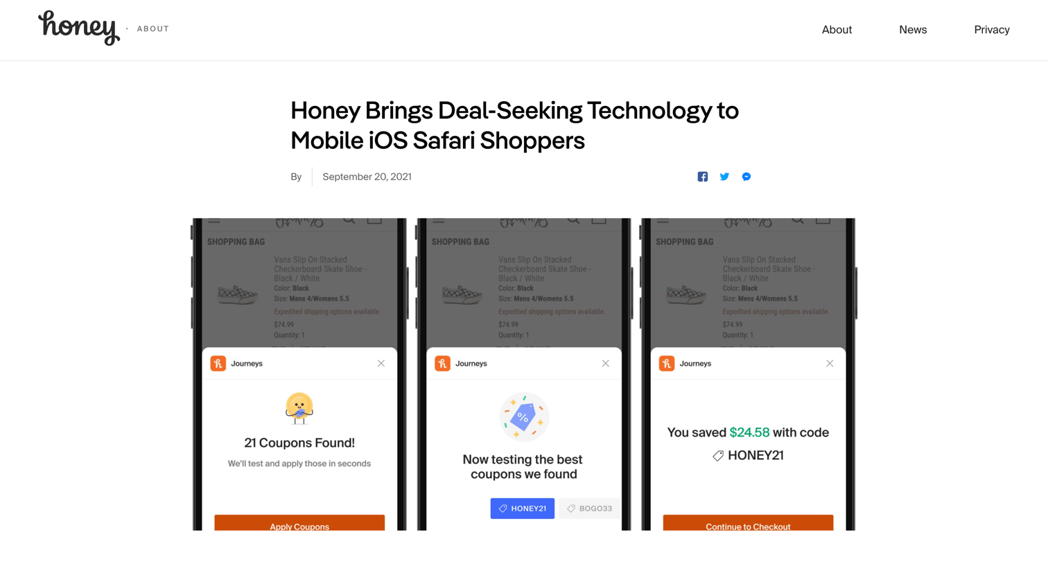 Honey - Honey Brings Deal-Seeking Technology to Mobile iOS Safari Shopper screen