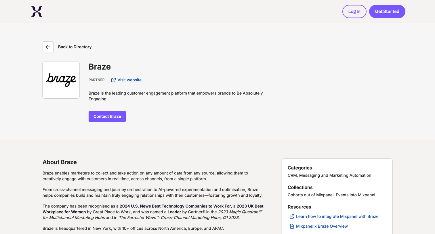 Mixpanel - Braze - Mixpanel Integration Directory screen