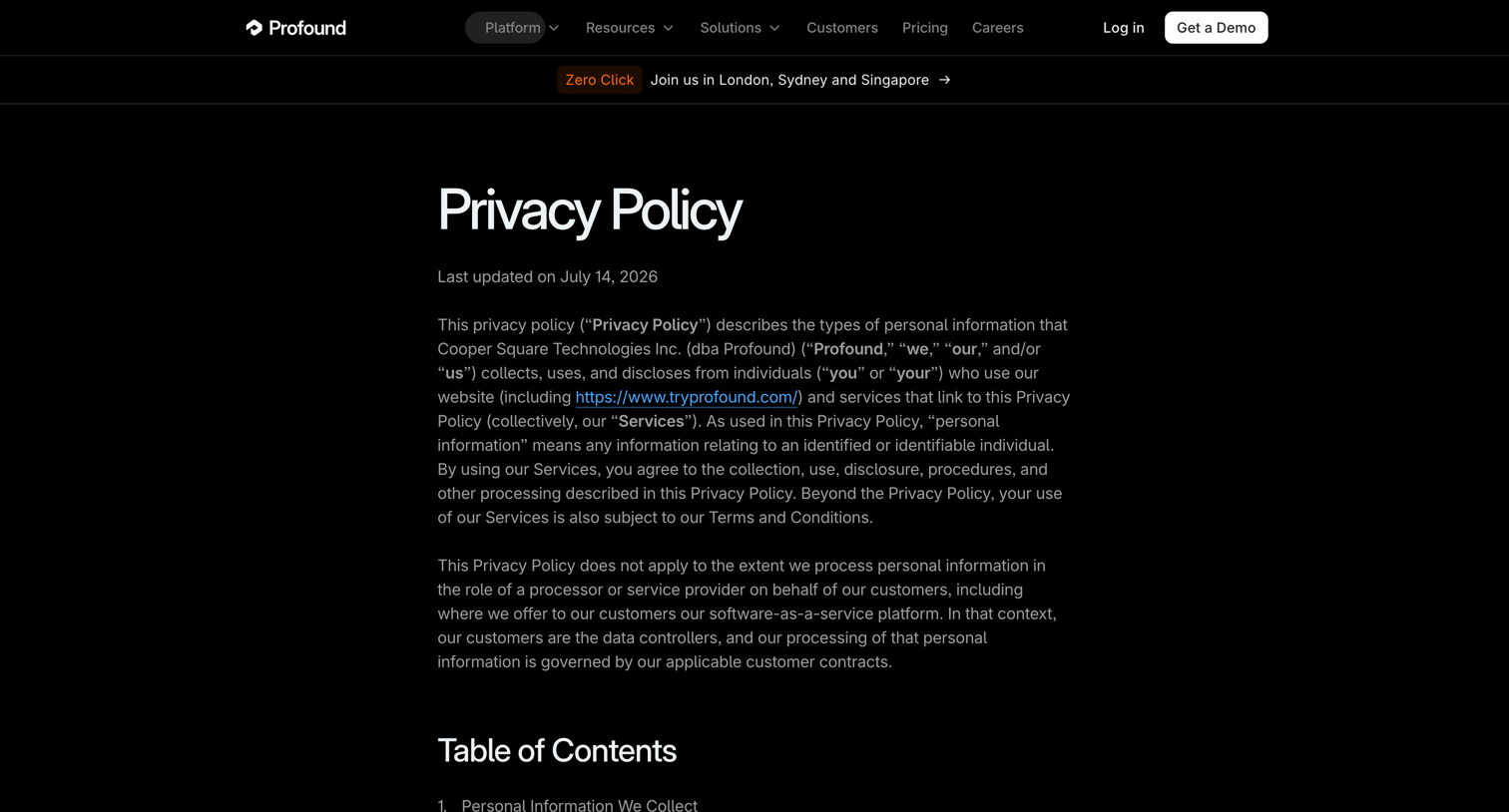 Privacy Policy from Tryprofound