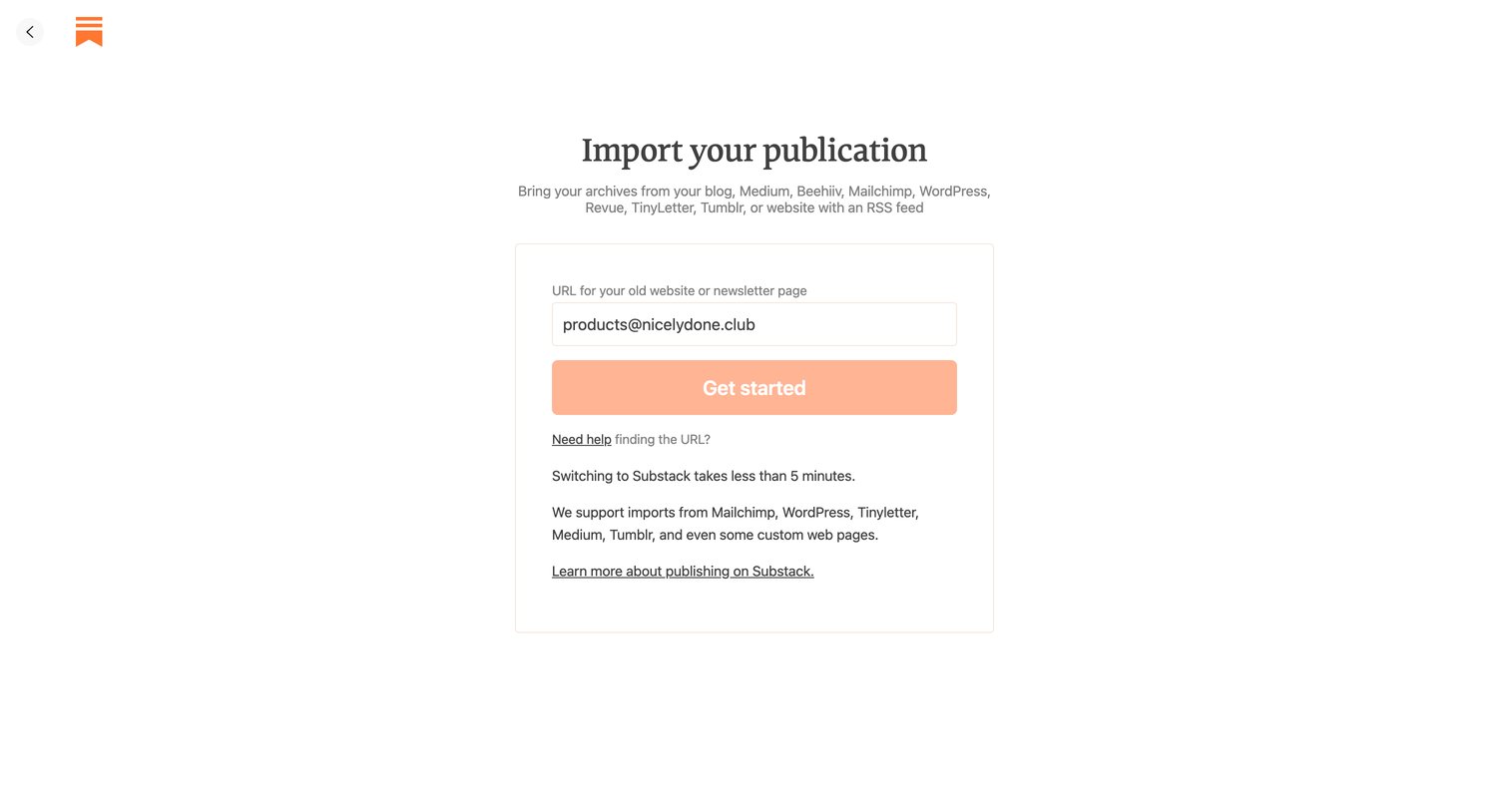 Substack - Import your publication screen