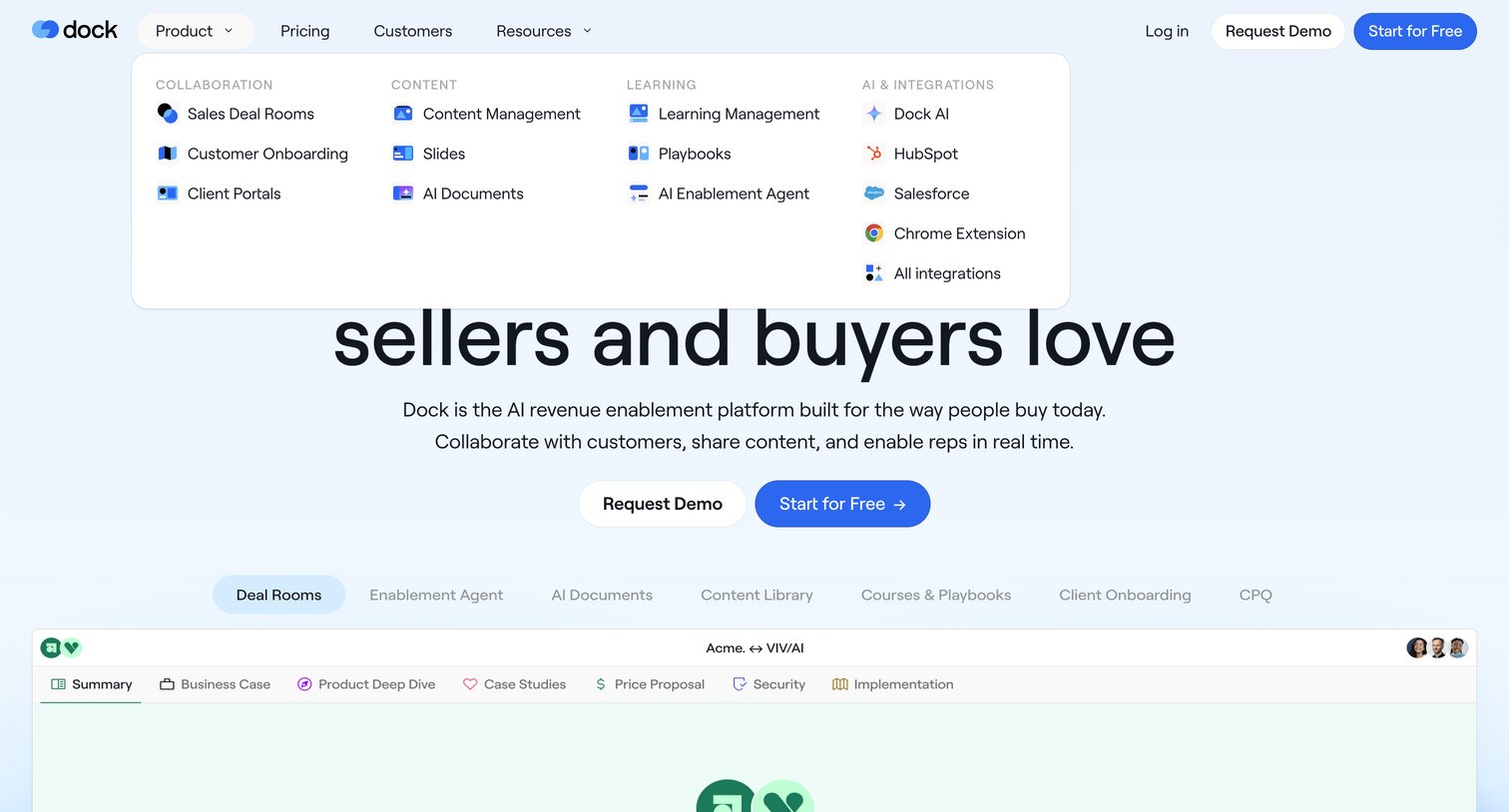 Dock - Dock | AI Revenue Enablement that Sellers & Buyers Love - hover: menu-item-0 screen