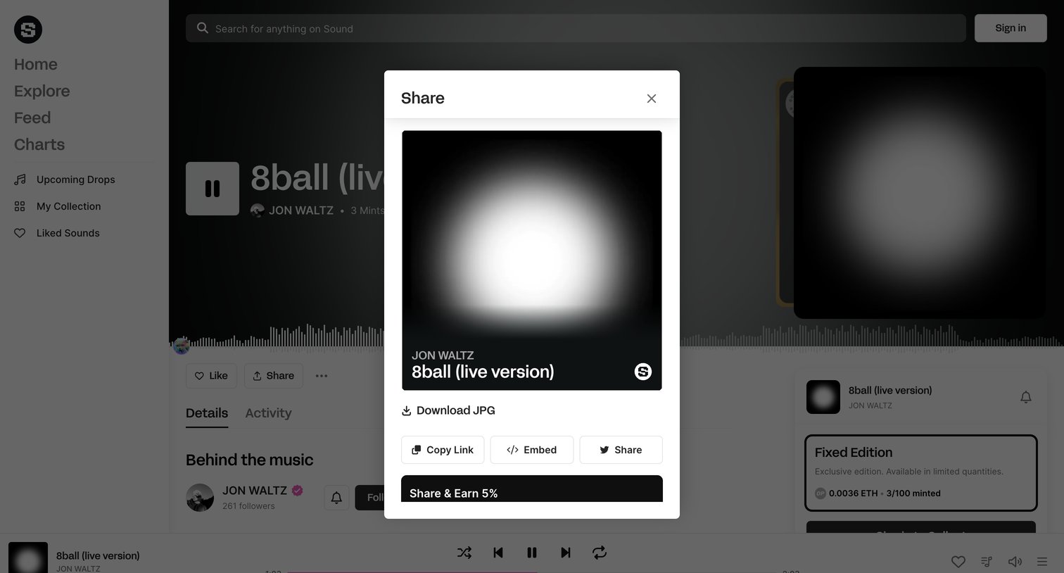 Sound.xyz - 8ball live version • JON WALTZ screen