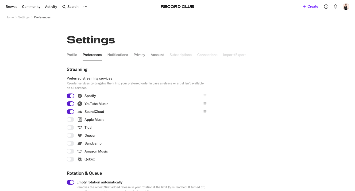 Record club - Settings – Record Club screen