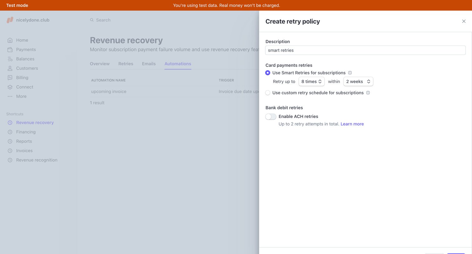 Stripe - Revenue recovery – nicelydone.club – Stripe [Test] screen