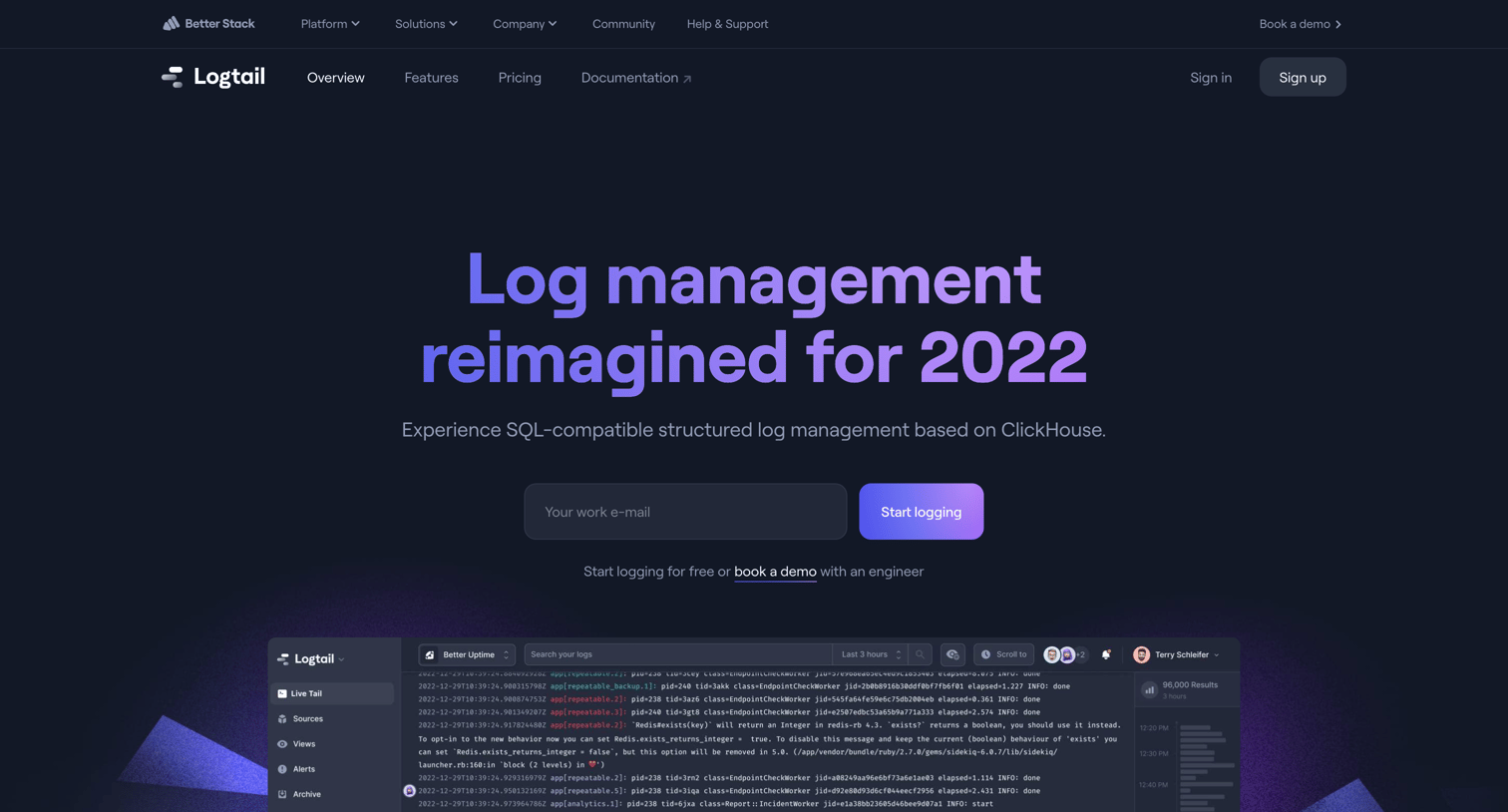 Better Stack - Logtail - Modern ClickHouse-based Log Management screen