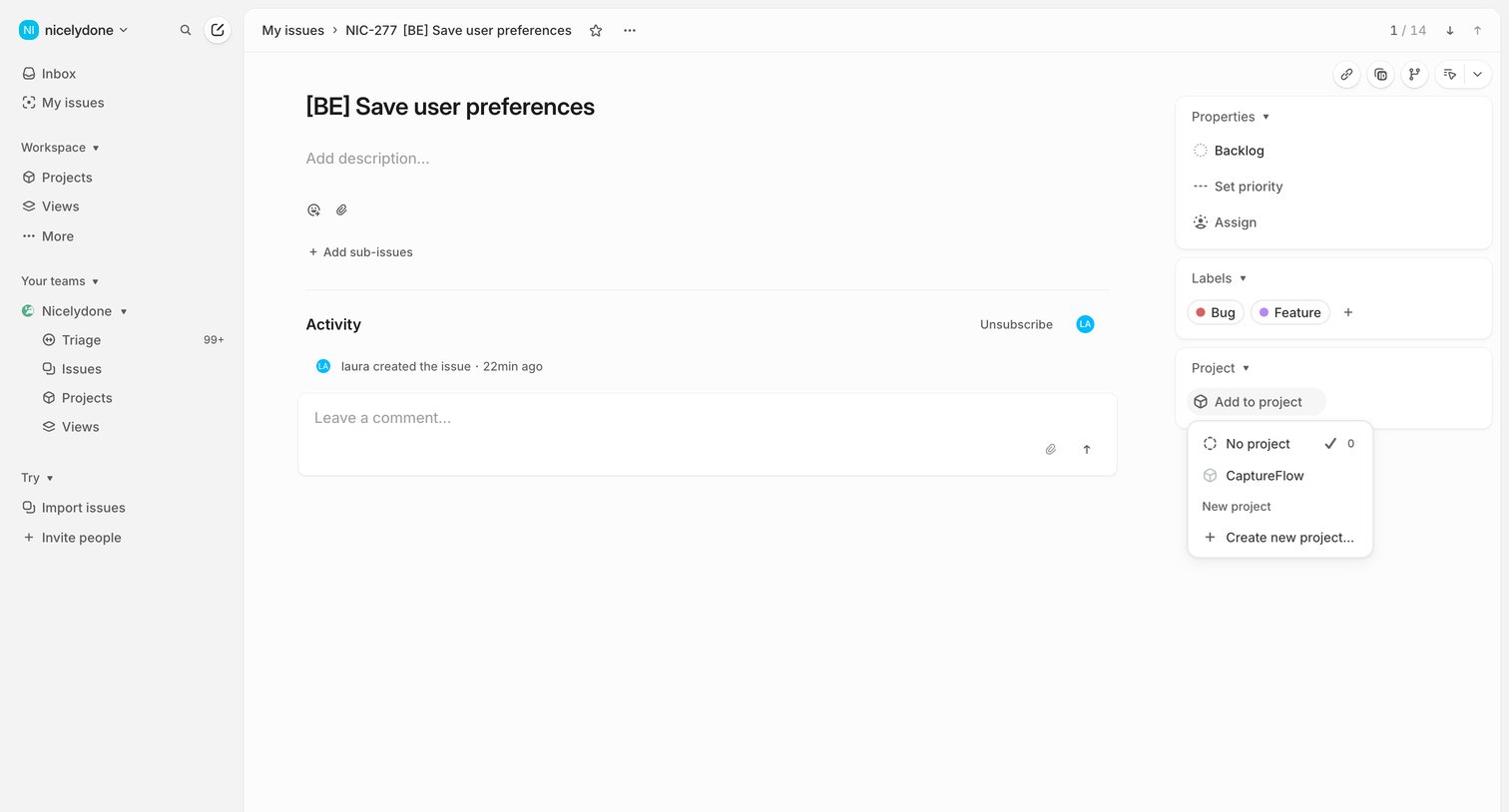 Linear - NIC-277 [BE] Save user preferences screen