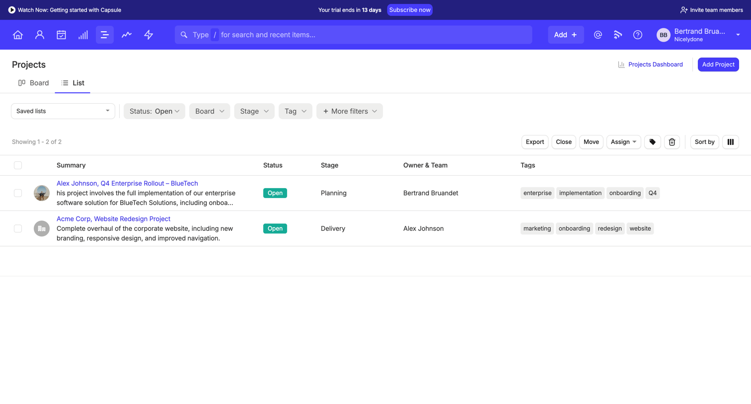 Capsule - Projects | Nicelydone CRM screen