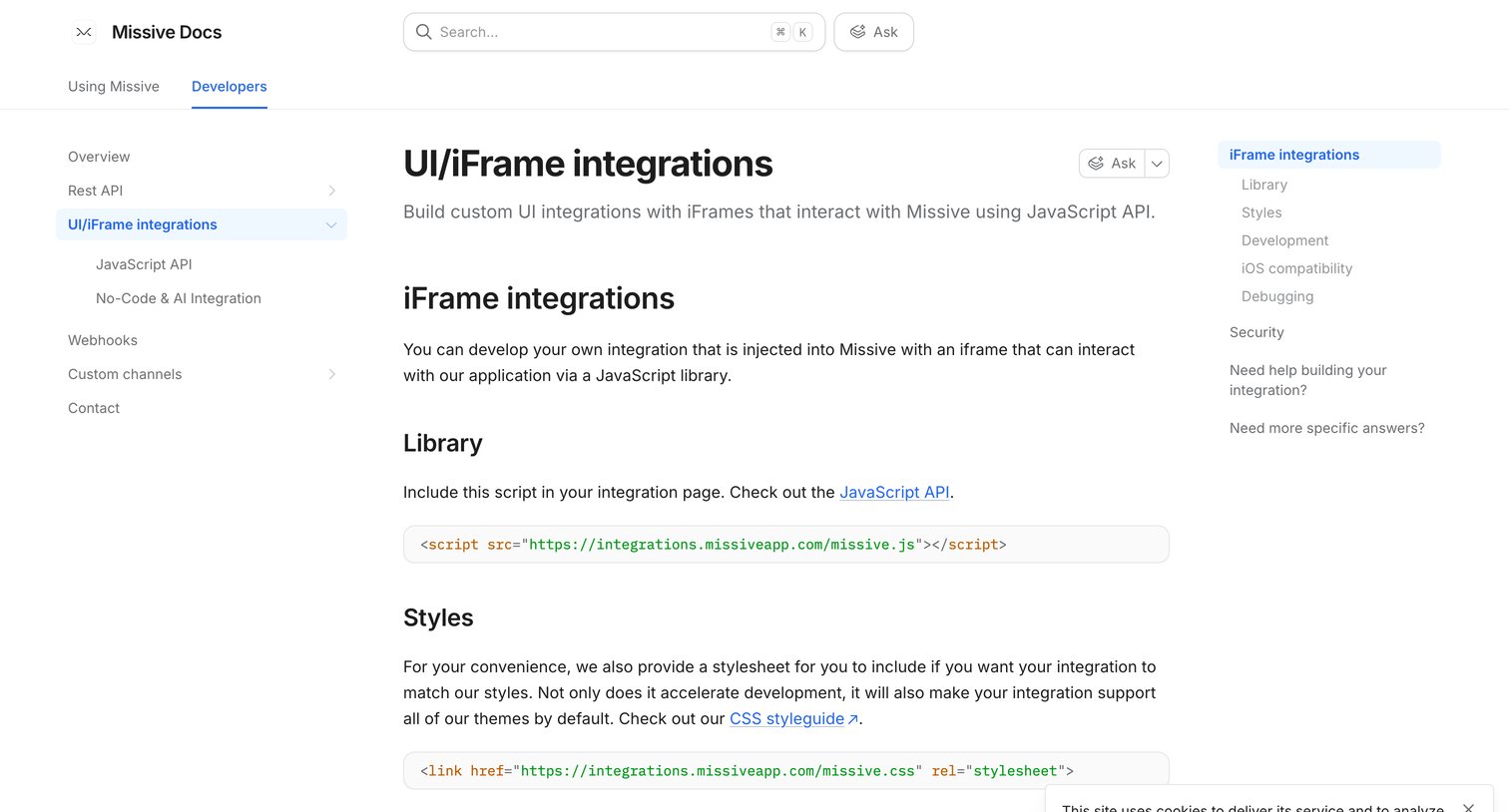 Missive - UIiFrame integrations Developers Missive Docs screen