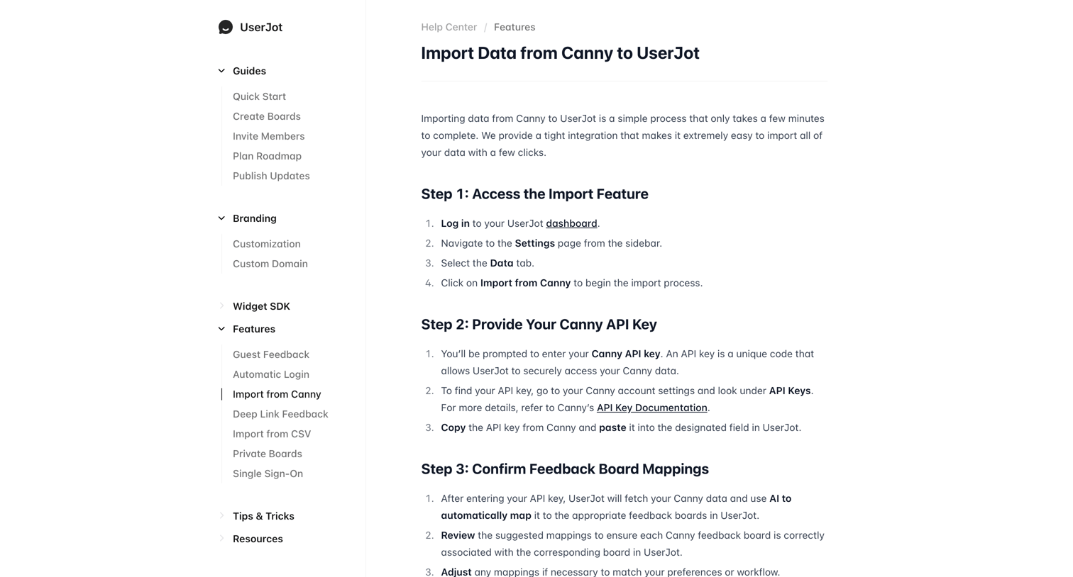 UserJot - Import Data from Canny to UserJot - UserJot screen
