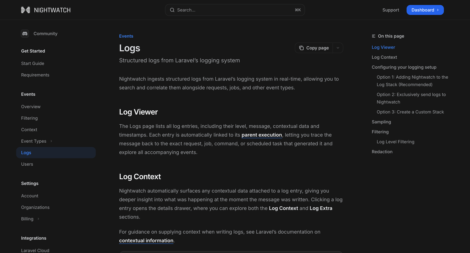 Nightwatch - Logs - Laravel Nightwatch screen