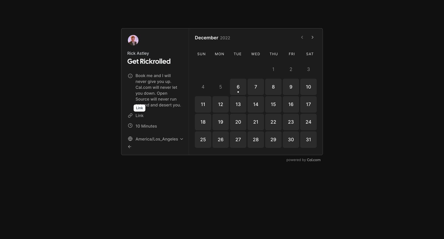 Cal.com - Get Rickrolled | Rick Astley Cal.com screen