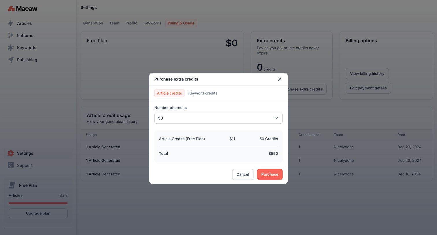 Macaw - Billing Settings | Macaw screen