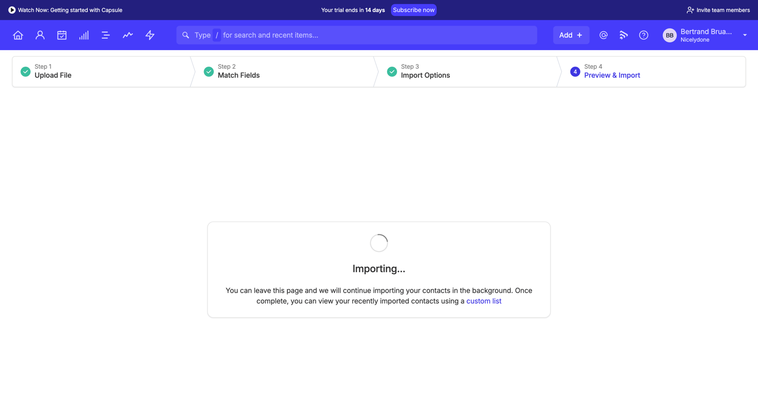 Capsule - Preview | Import | Nicelydone CRM screen