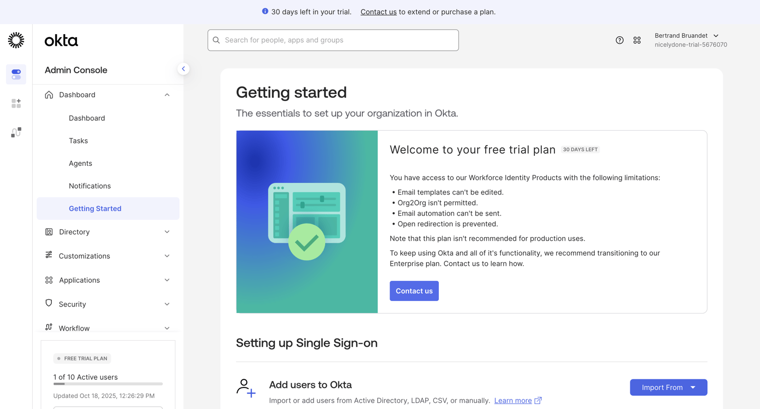 Okta - nicelydone-trial-5676070 - Getting Started screen