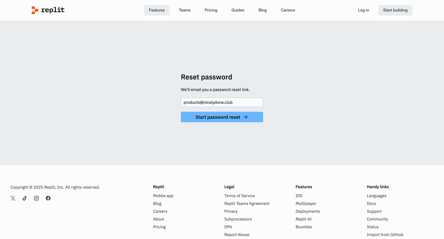 Replit - Forgot Password - Replit screen