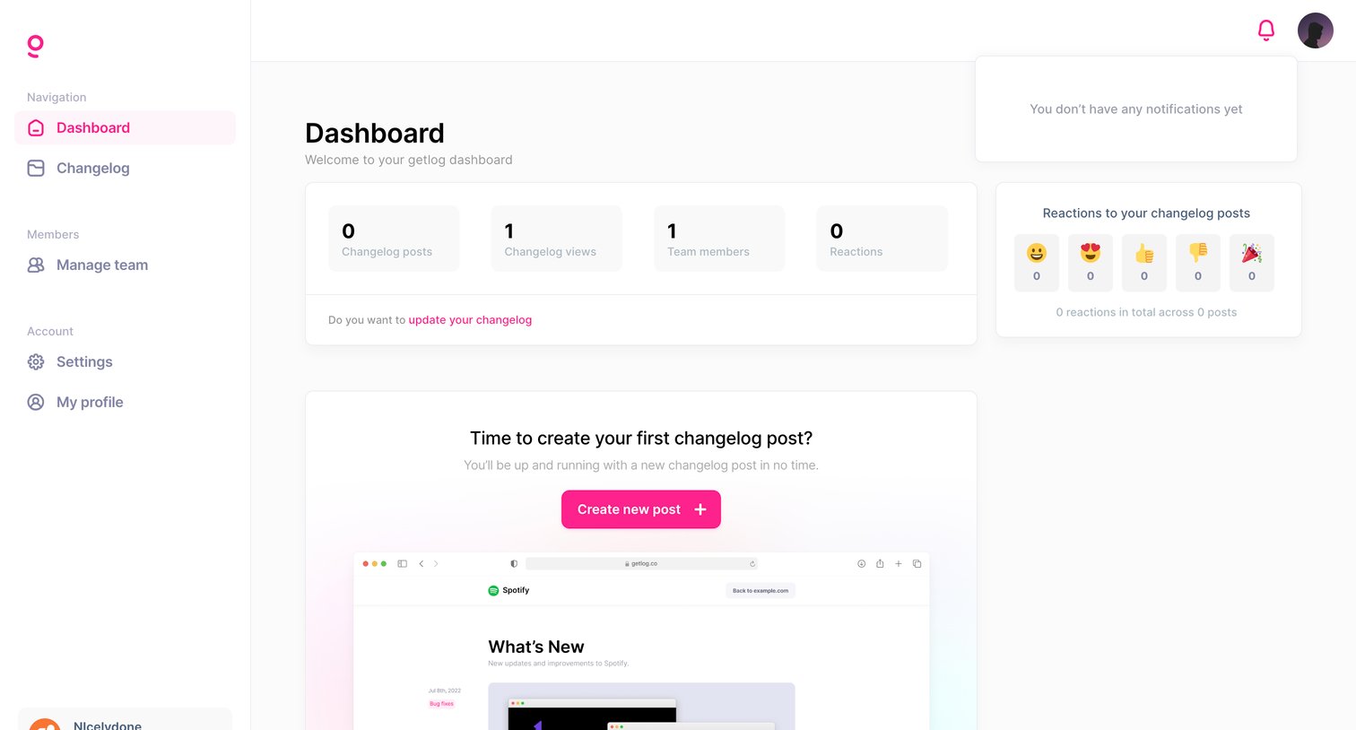 Getlog - Getlog - Dashboard screen
