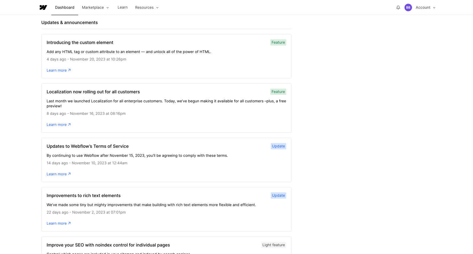 Webflow - Updates - Webflow screen
