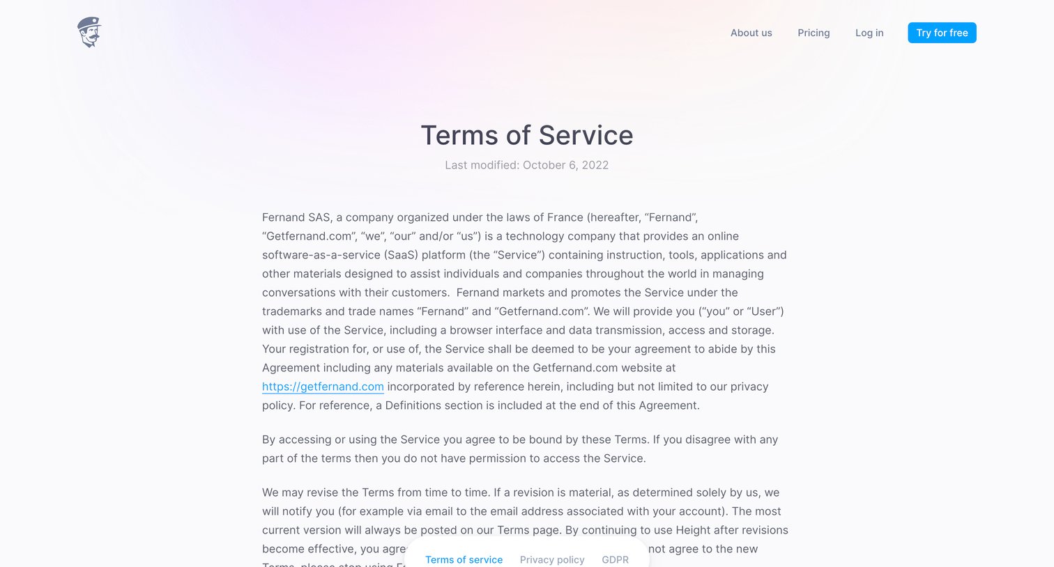 Fernand - Terms of Service - Fernand screen