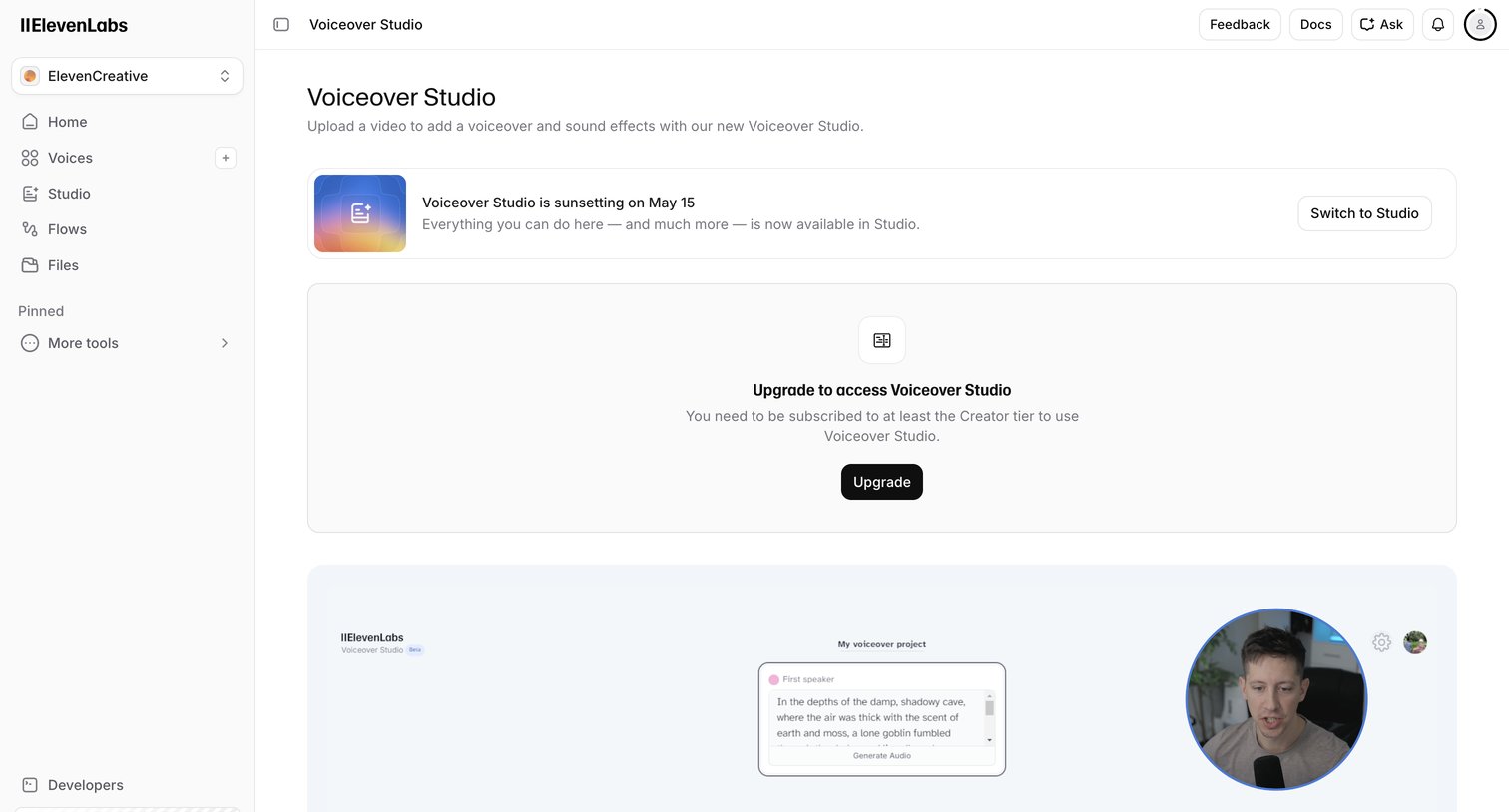 Elevenlabs - Voiceover Studio | ElevenLabs screen