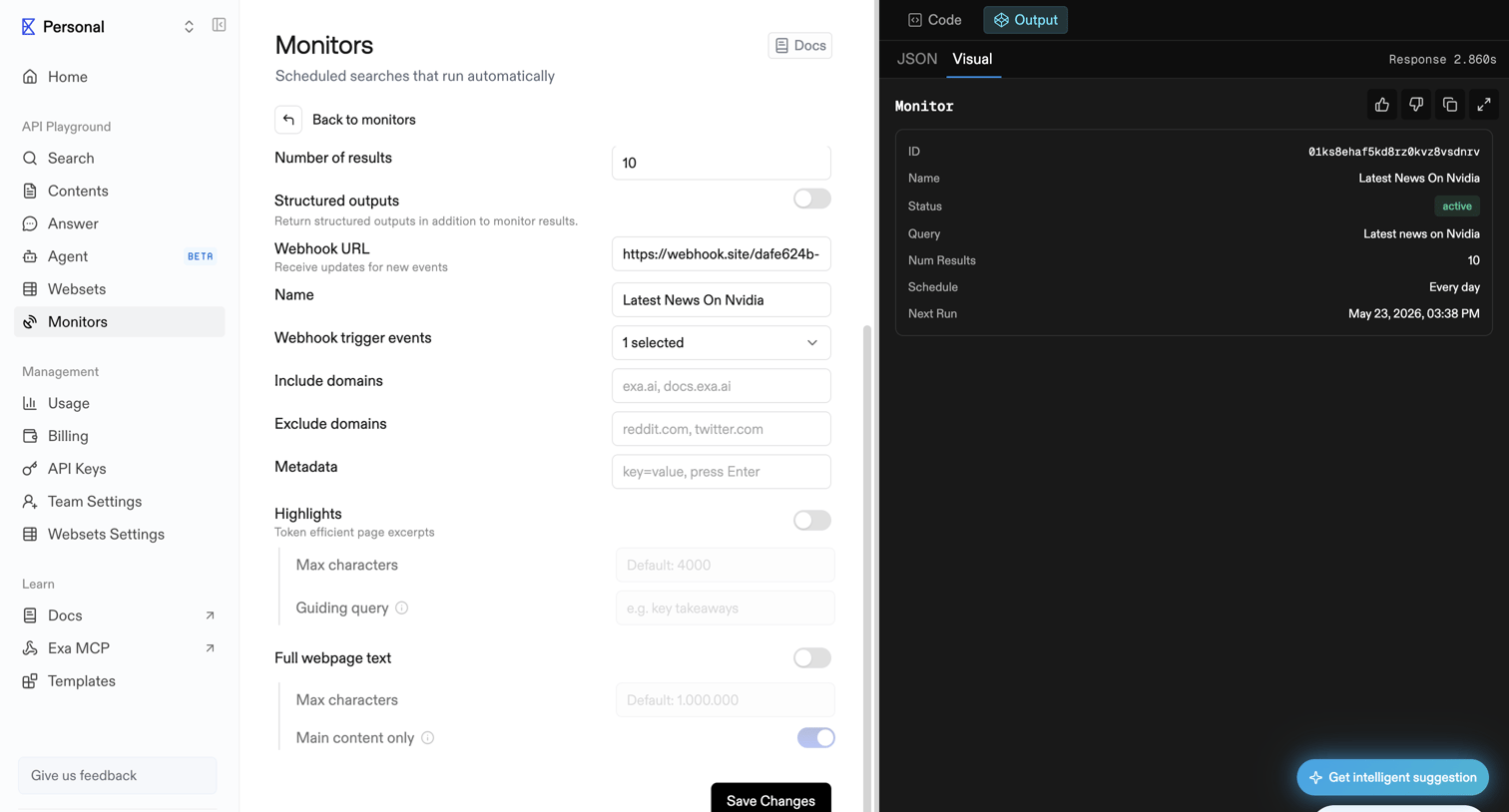 Exa - Playground | Exa API screen