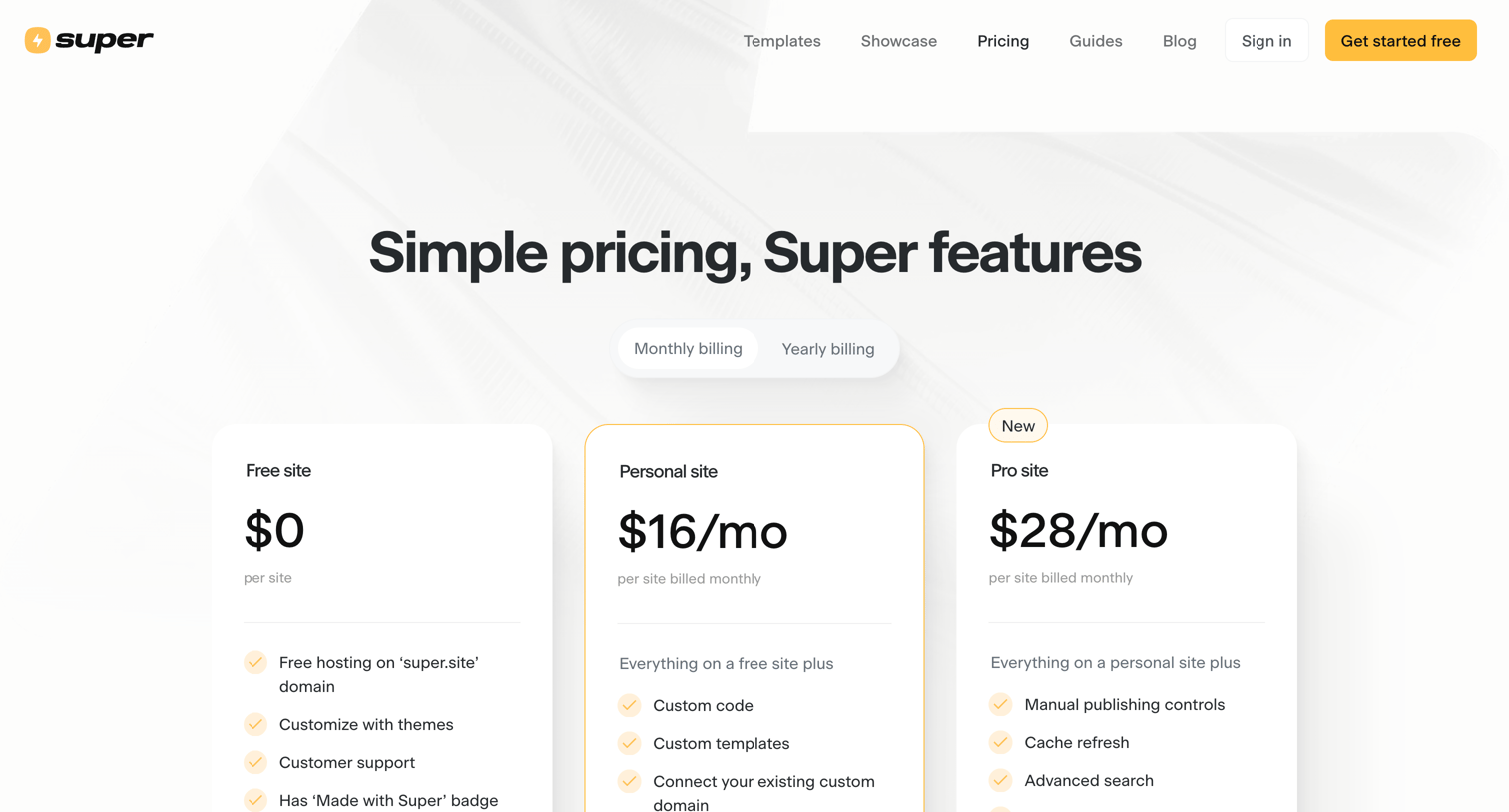 Super - Pricing screen