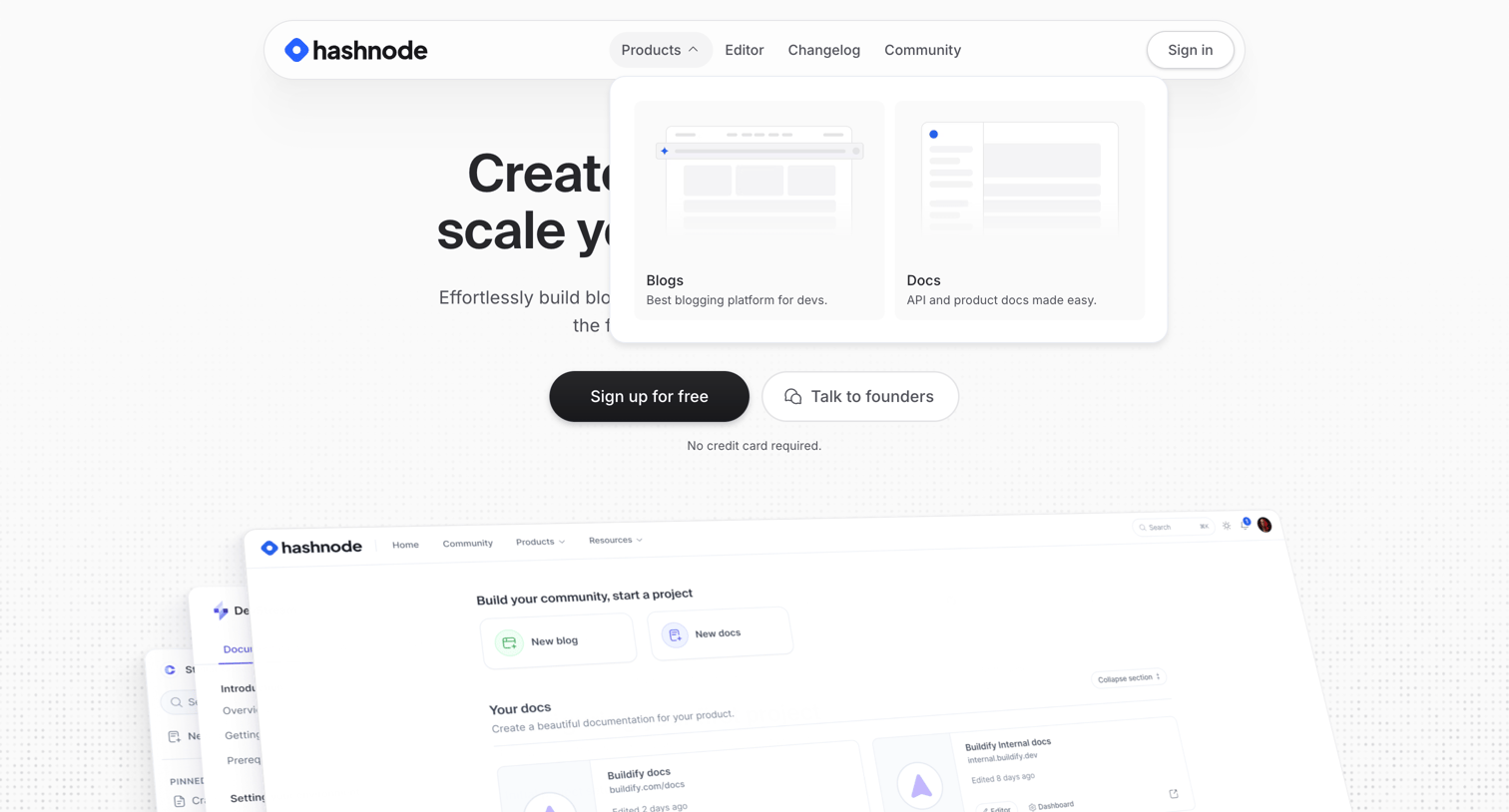 Hashnode - Hashnode — Build blogs and API docs for developers and teams. screen