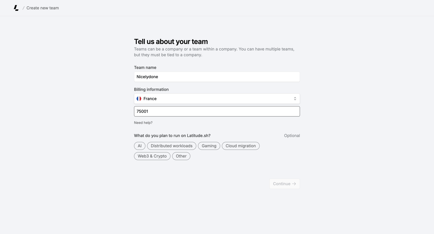 Latitude.sh - Create Team – Dashboard - Latitude.sh screen