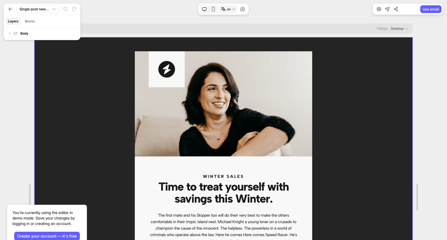 Tabular - Single post newsletter email template - Demo Editor — Tabular screen