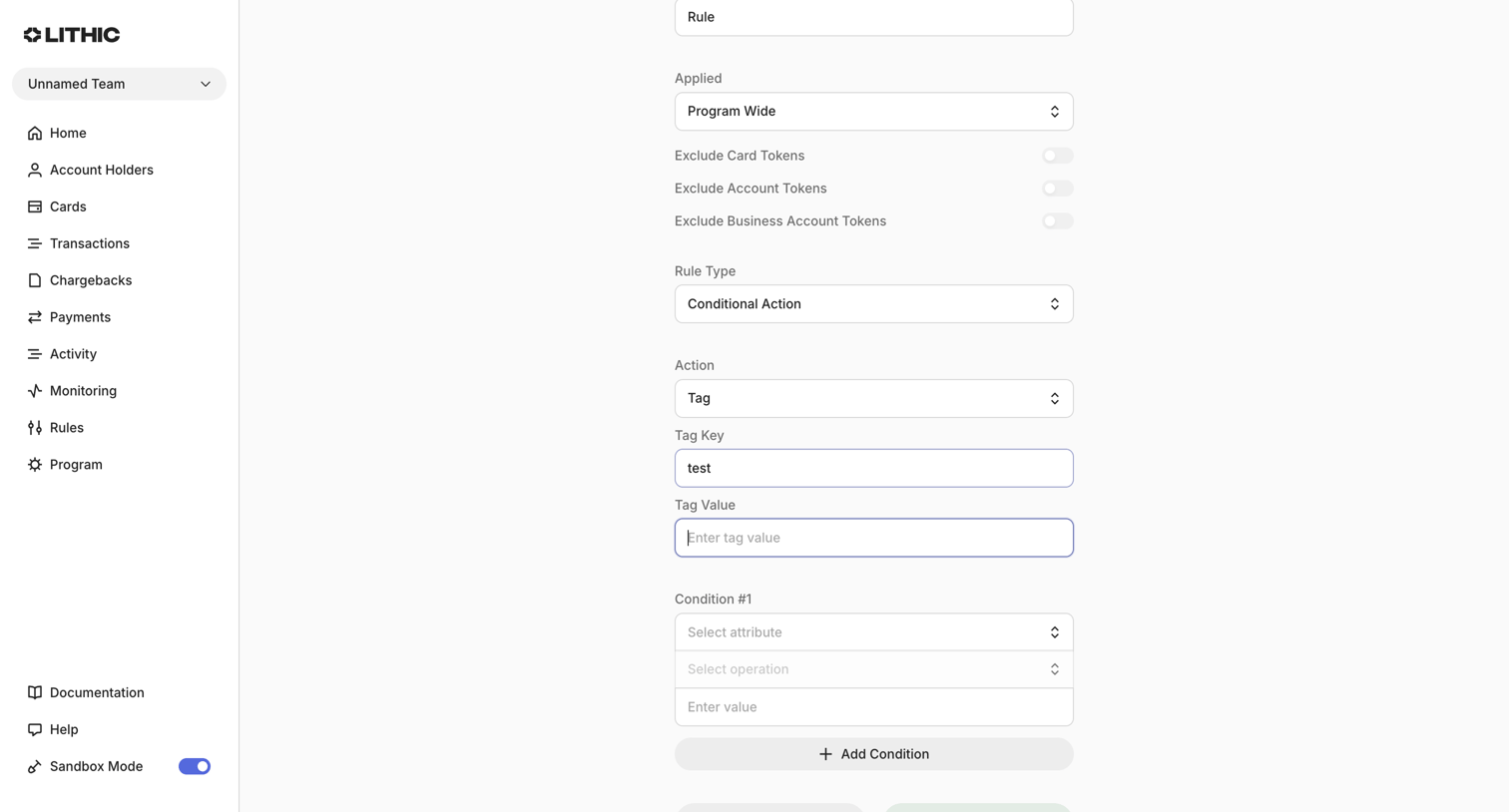 Lithic - Lithic - Create Monitoring Rule screen