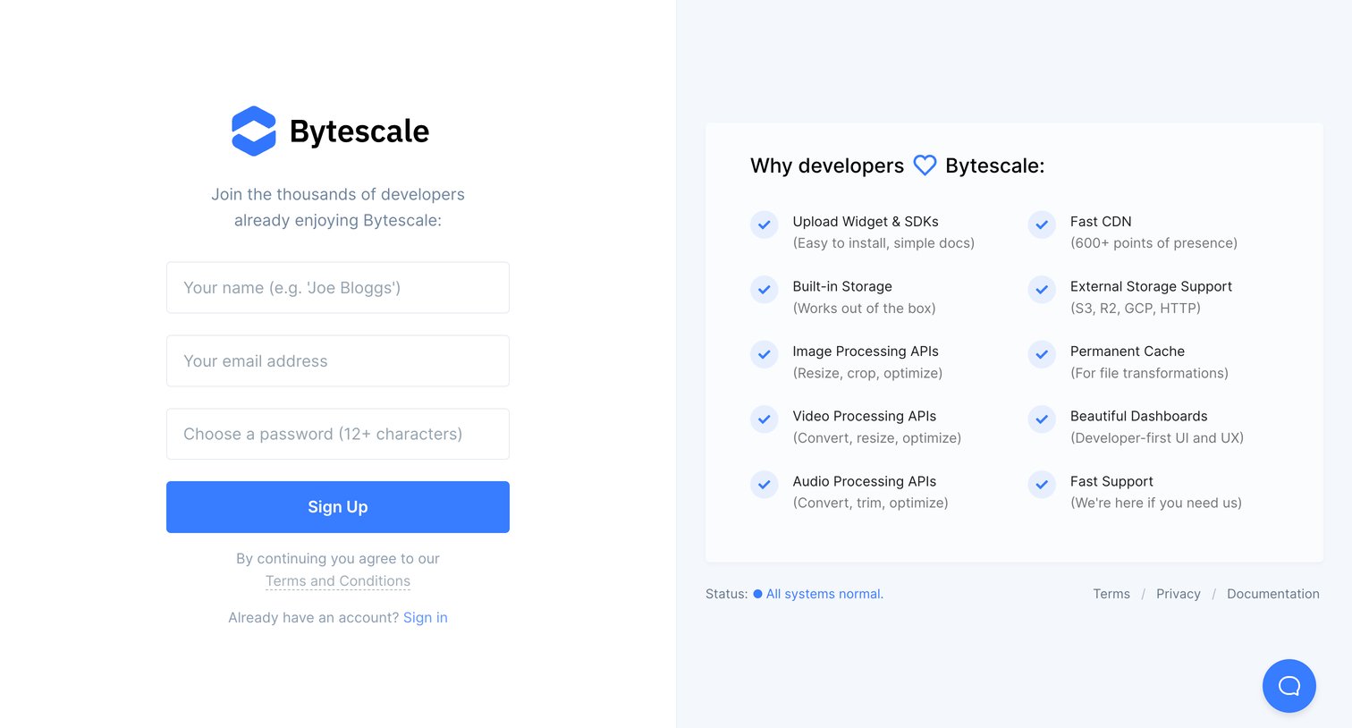 Bytescale - Create Account | Bytescale screen