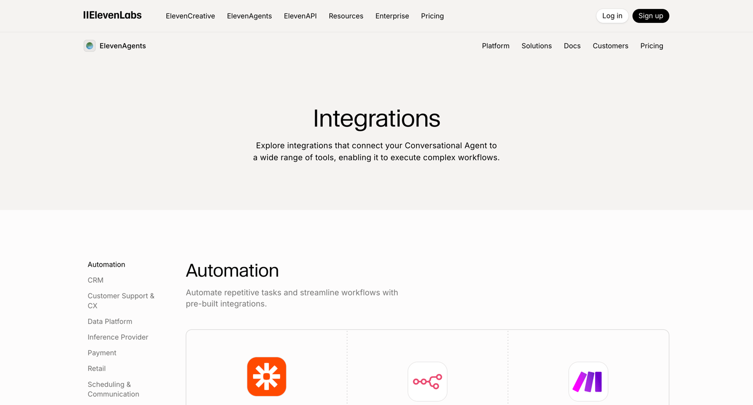 Elevenlabs - Conversational AI Agents Integrations screen