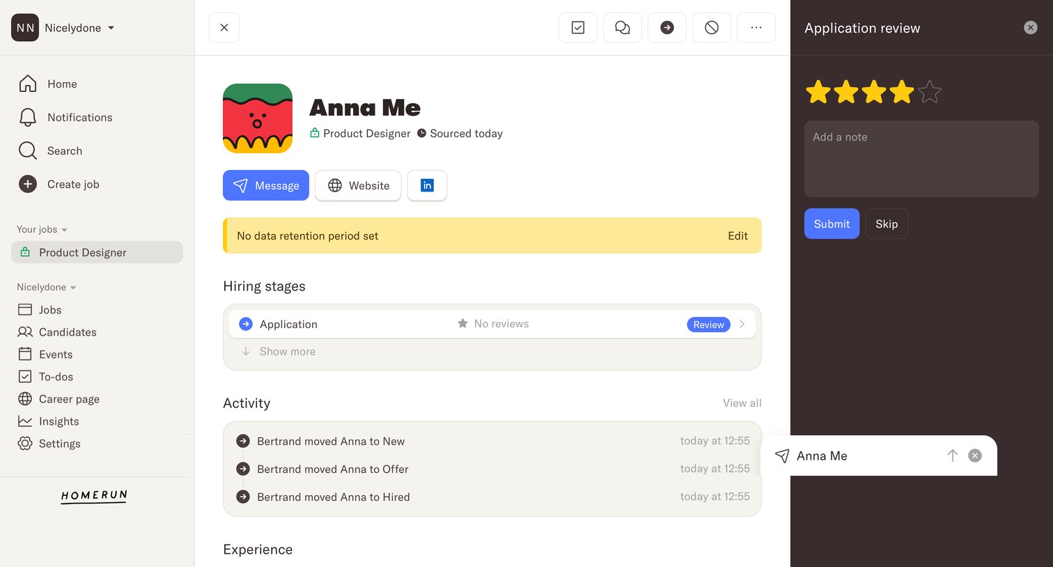 Homerun - Product Designer · Homerun screen