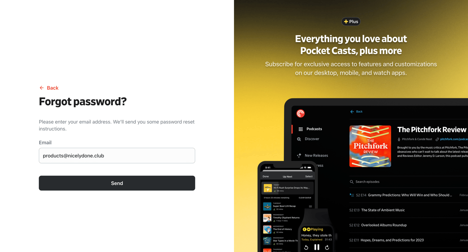 Pocket Casts - Forgot Your Password? - Pocket Casts screen