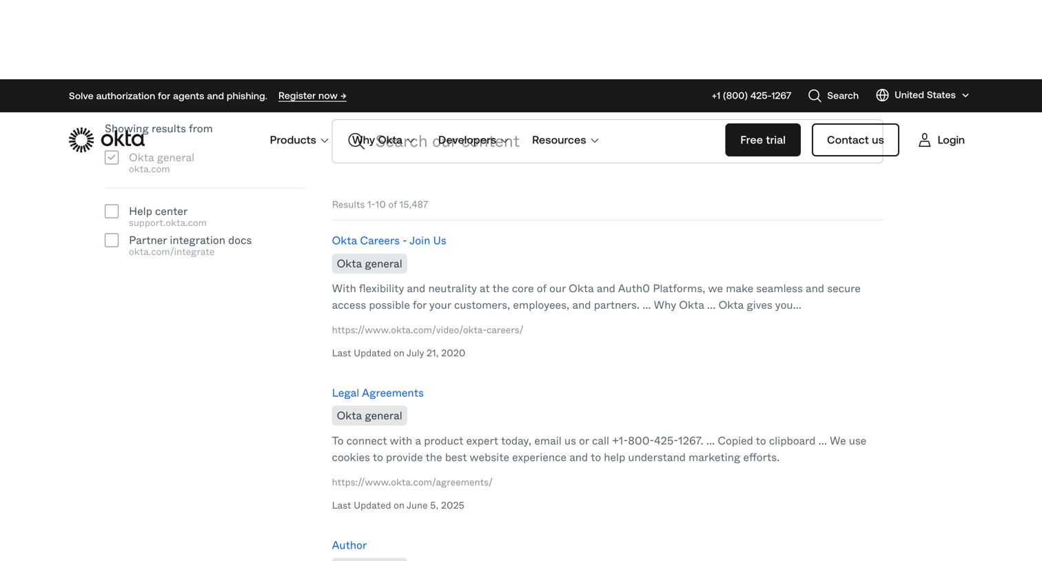 Okta - Search Okta screen