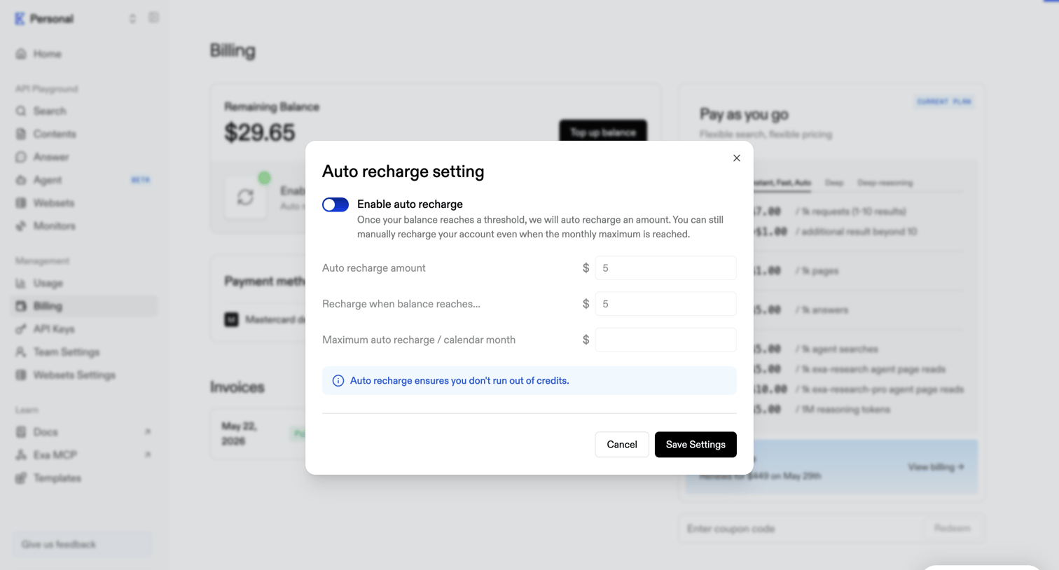 Exa - Billing | Exa API screen