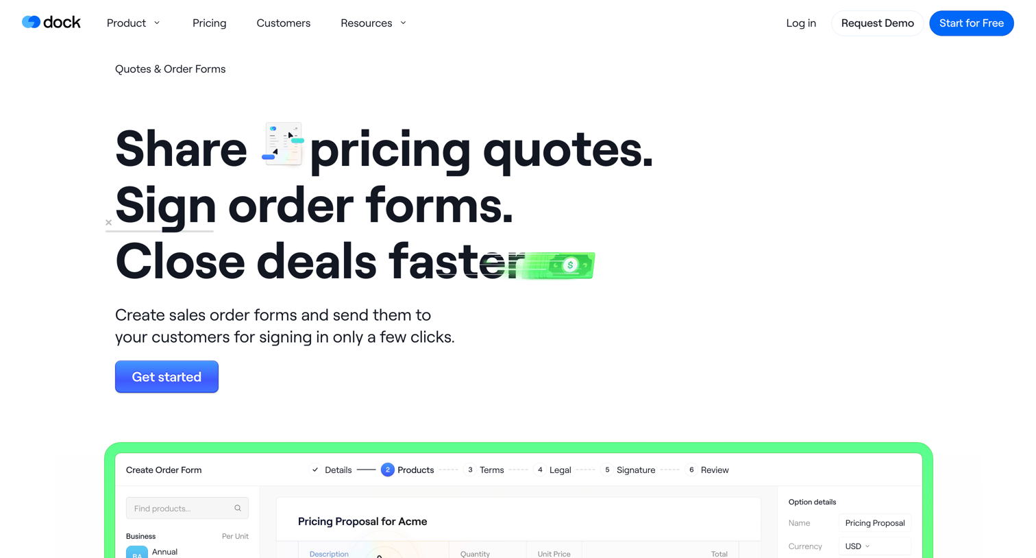 Dock - Price Quote & Sales Order Form Software | Dock screen