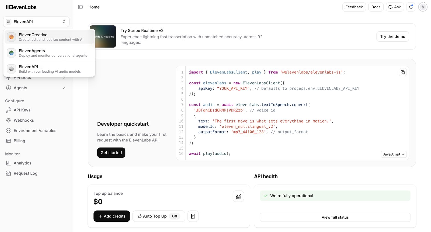 Elevenlabs - Home | ElevenLabs screen