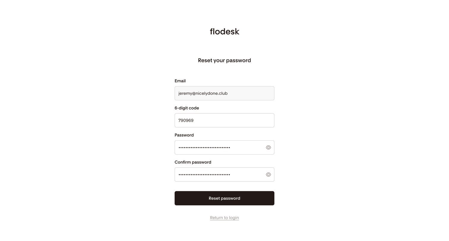 Flodesk - Reset password | Flodesk screen