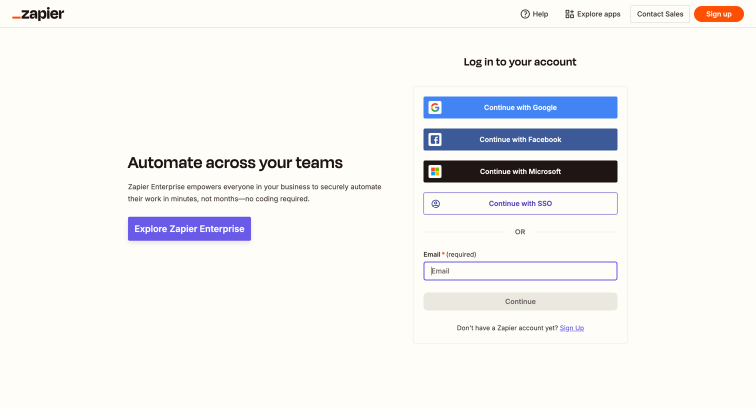 Zapier - Login | Zapier screen