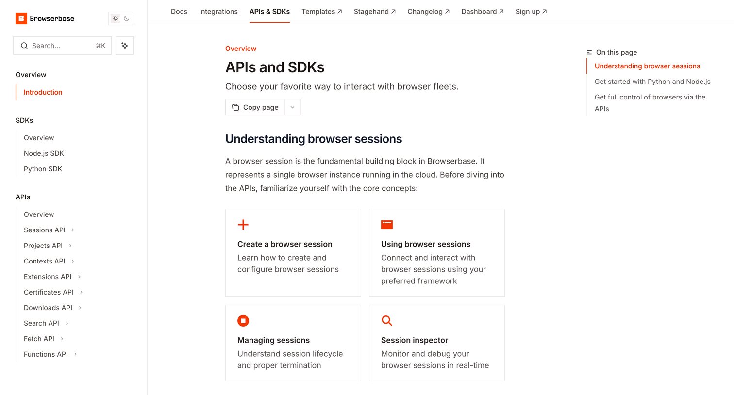 Browserbase - APIs and SDKs - Browserbase Documentation screen