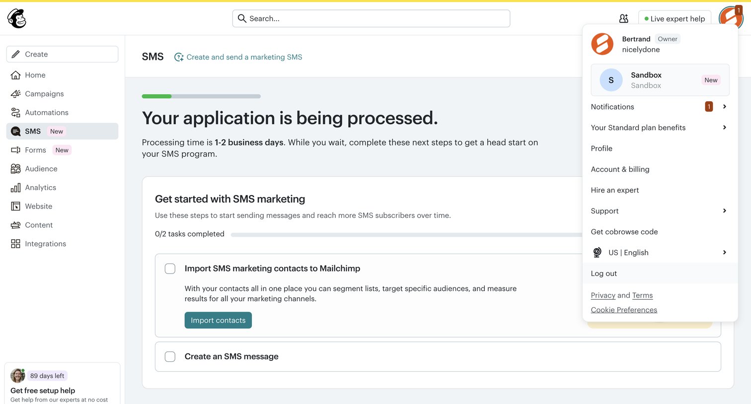 Mailchimp - SMS | Mailchimp screen