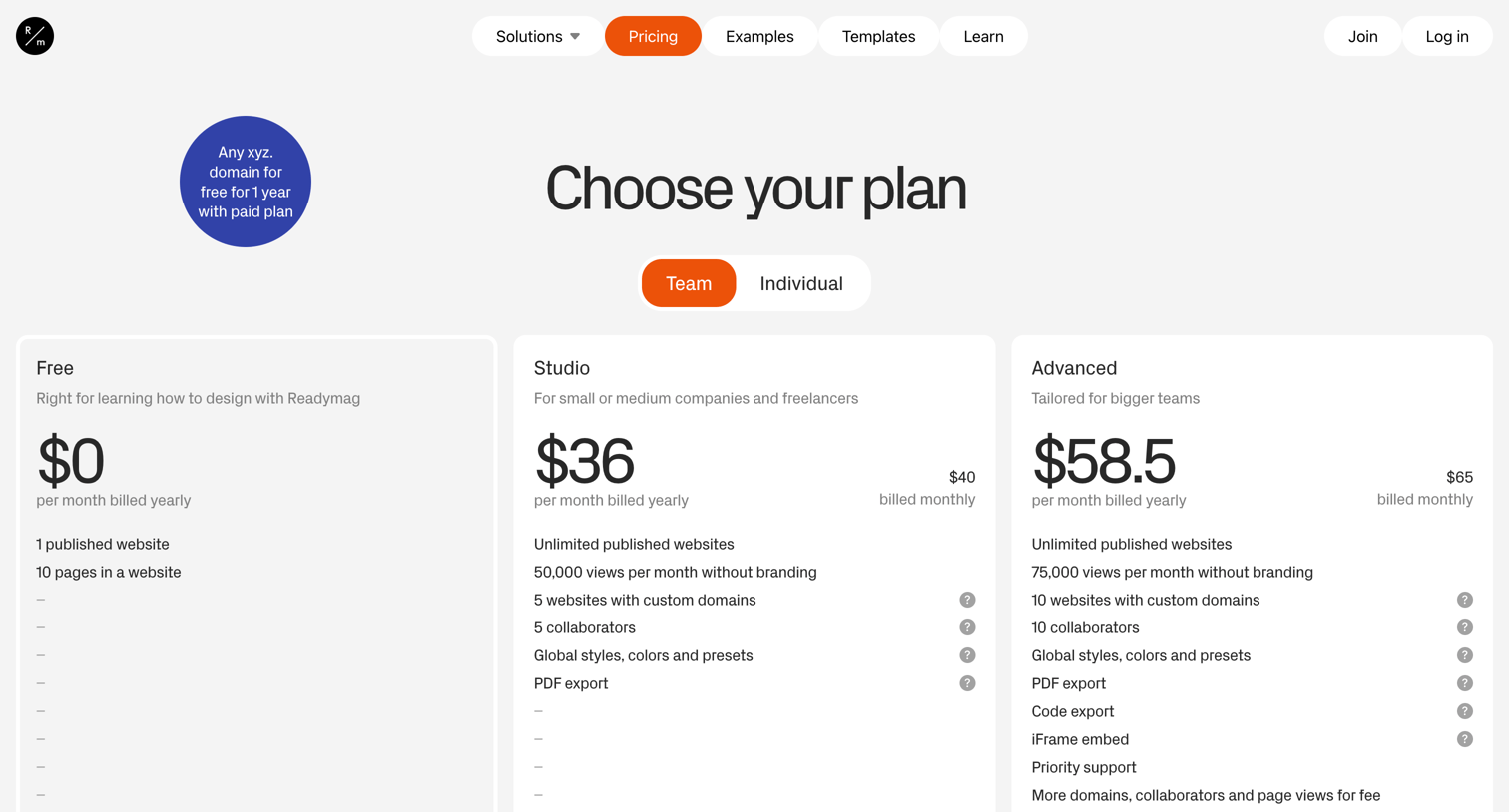 Readymag - Readymag pricing and plans screen