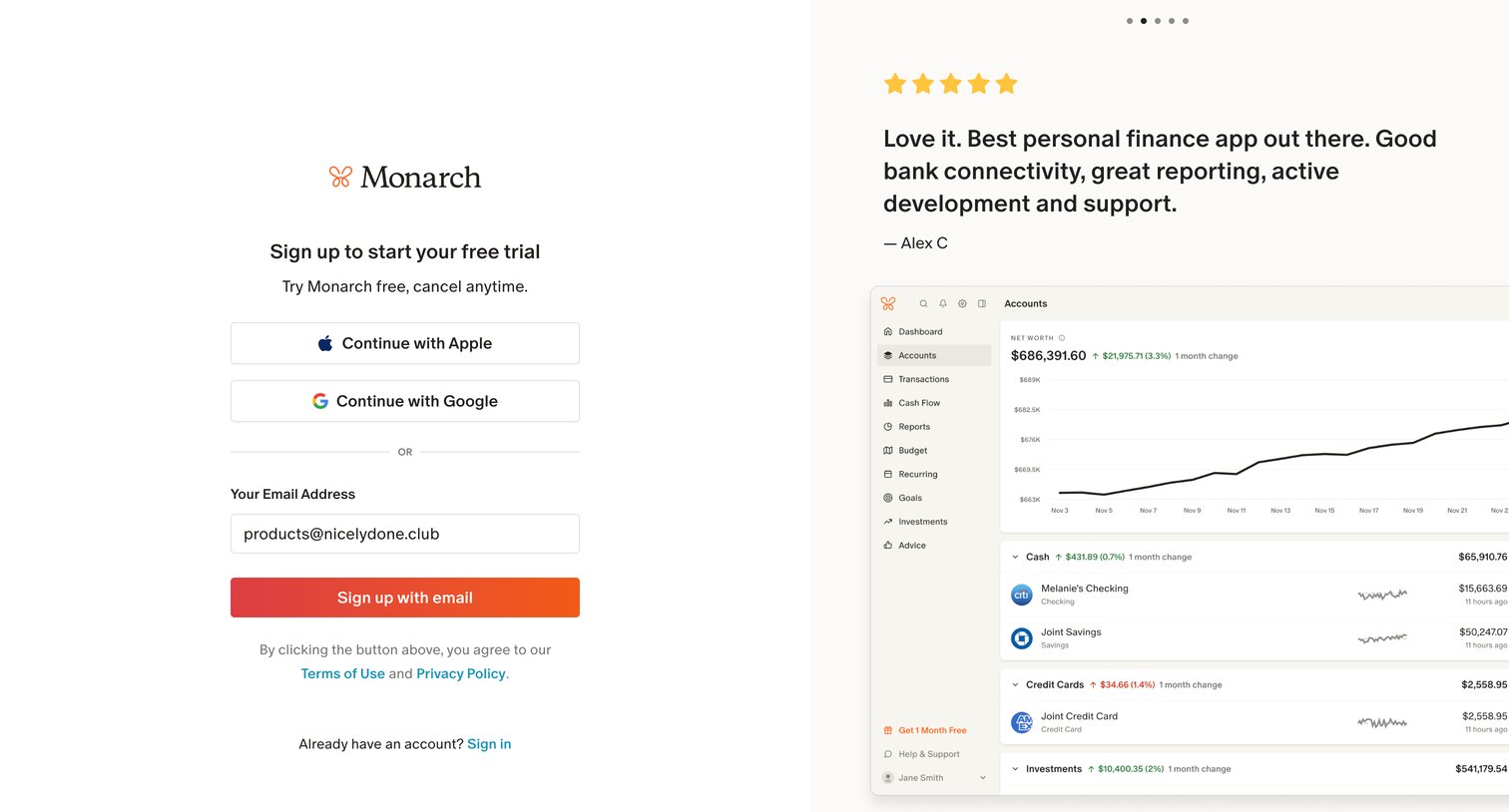 Monarch - Monarch | Start an account screen