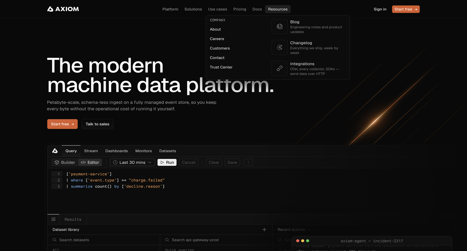 Axiom - Axiom - The modern machine data platform - hover: Resources screen