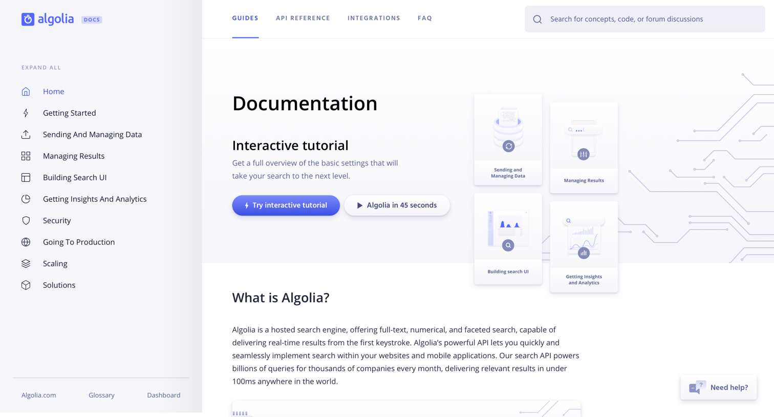 Algolia - Developers section screen