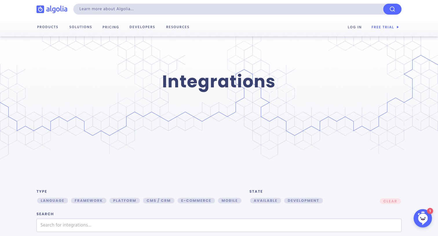 Algolia - Integrations screen