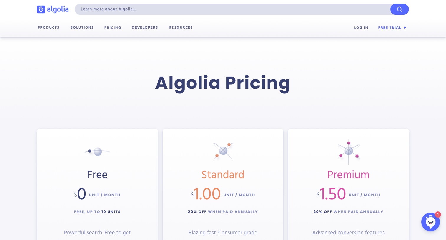 Algolia - Plans & pricing screen