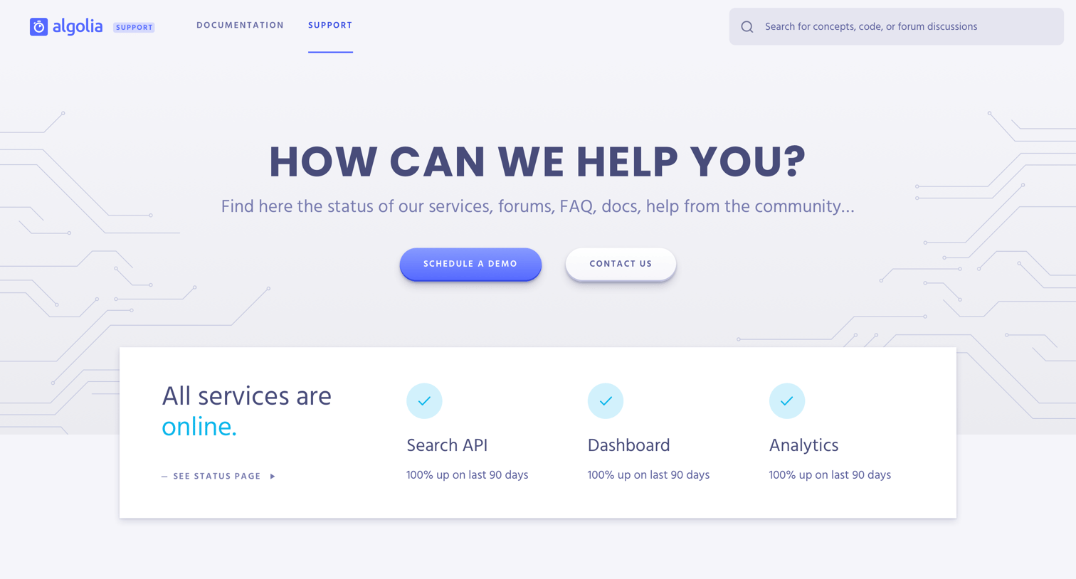 Algolia - Support / Help center screen