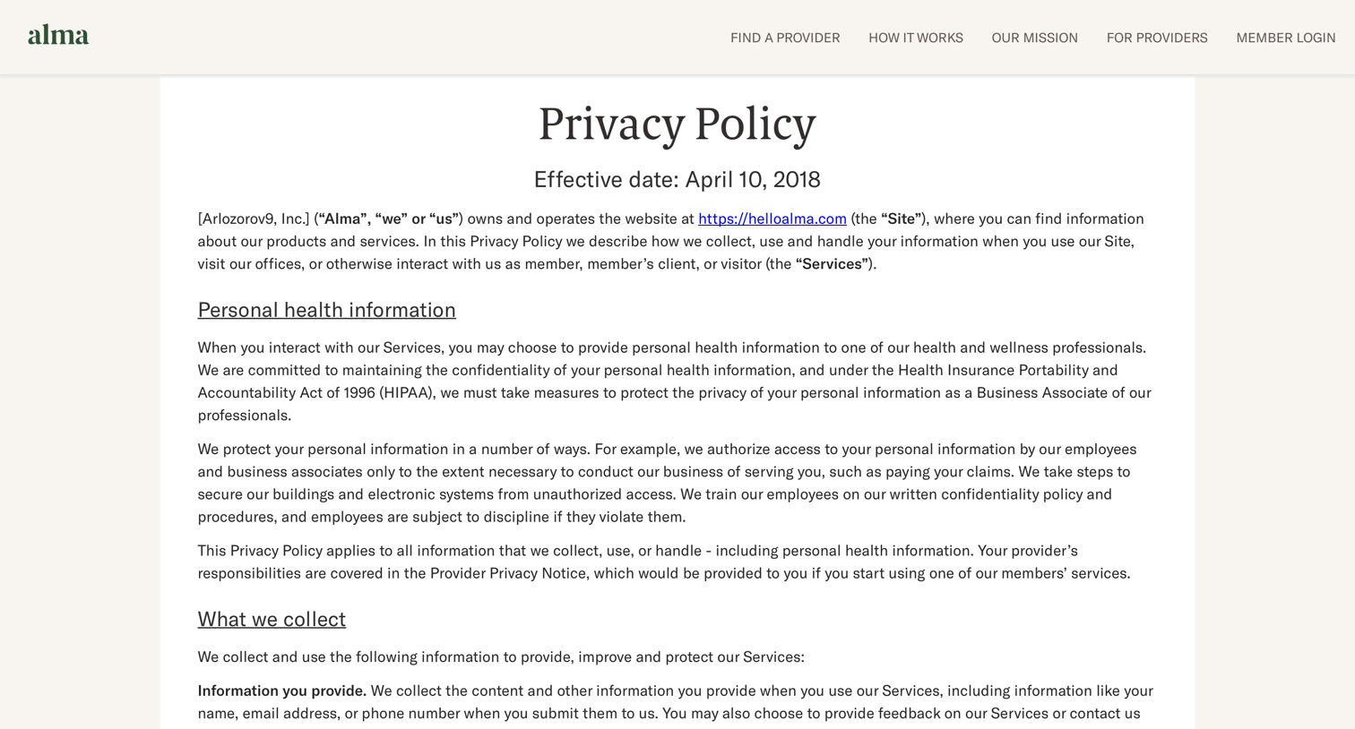 Alma - Privacy Policy screen