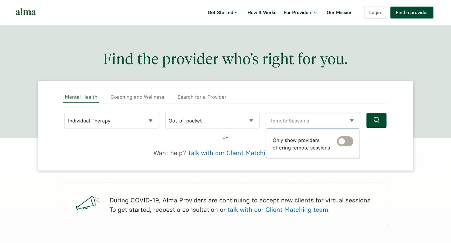 Alma - Find a Provider screen